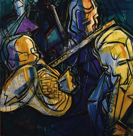 Músicos abstractos tocando instrumentos en un fondo colorido y geométrico.