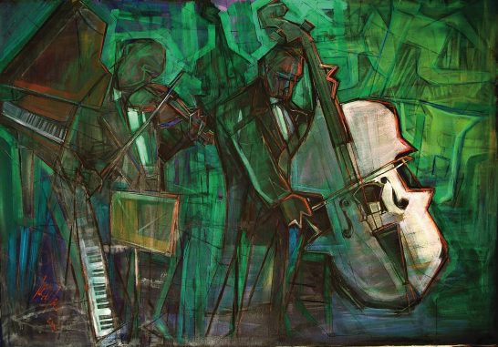 Dos músicos tocando instrumentos en un fondo abstracto de colores vibrantes.