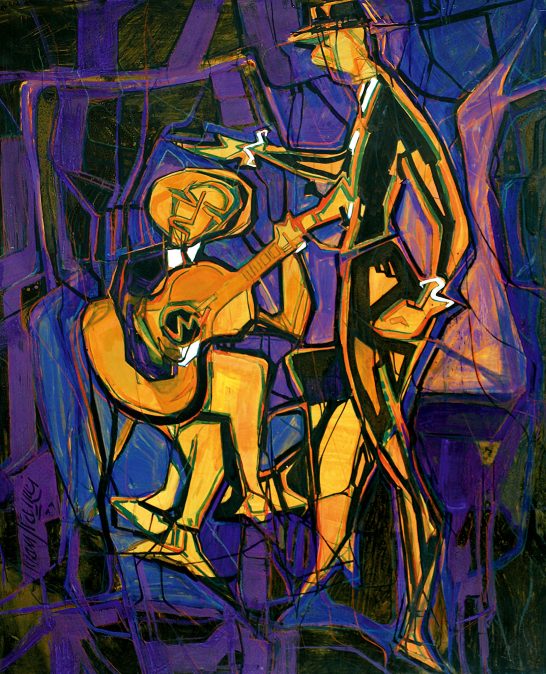 Dos figuras estilizadas, una con guitarra, en un fondo abstracto de tonos morados y negros.