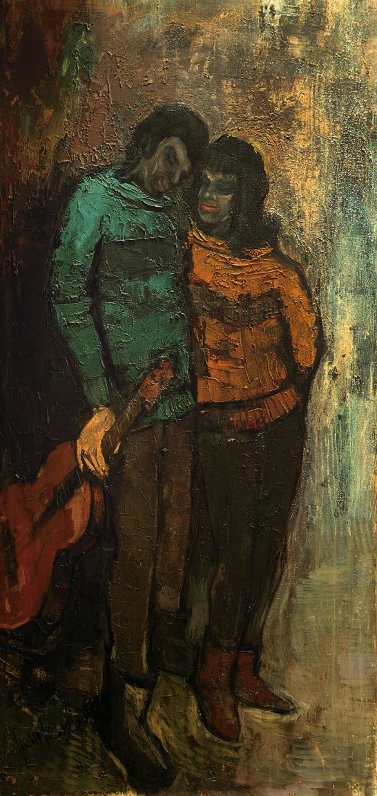 Pareja abrazada, con guitarra, en tonos oscuros y cálidos. Estilo artístico expresionista.