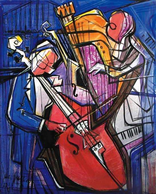 Dos músicos tocan un contrabajo y un saxofón en un fondo abstracto colorido.