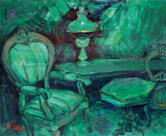 Mueble y lámpara en tonos verdes, con un estilo artístico abstracto y texturas vibrantes.