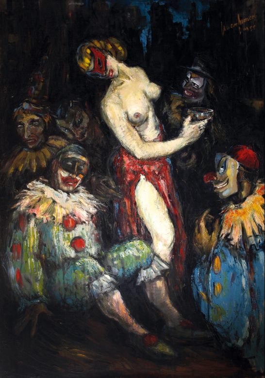 Mujer desnuda en el centro, rodeada de payasos pintorescos en un entorno oscuro.