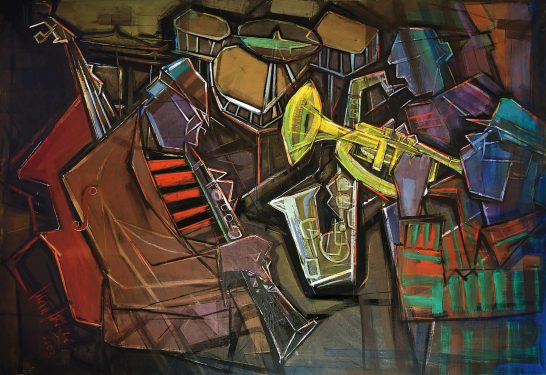 Instrumentos de jazz abstractos, incluyendo un saxofón y una trompeta. Colores vibrantes.