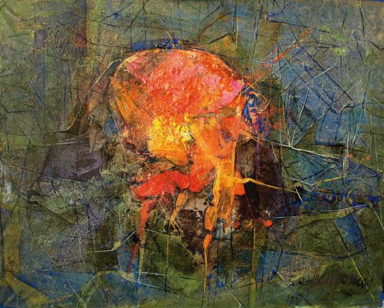 Abstract art with vibrant orange and yellow hues against a textured green background.