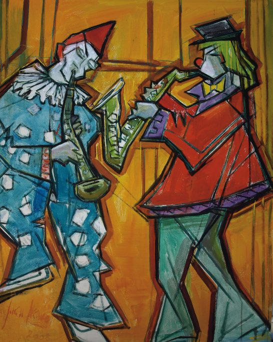 Dos personajes de estilo cubista, un payaso con saxofón y otro músico, en colores vibrantes.