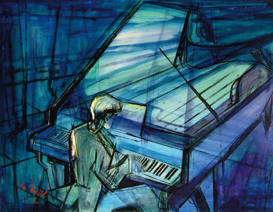 Una figura toca un piano en un fondo azul con trazos abstractos.