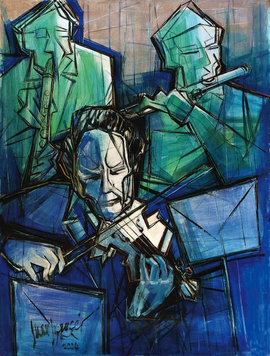 Músicos abstractos tocando instrumentos, con trazos en tonos azules y verdes.