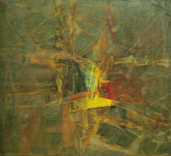 Pintura abstracta con tonos verdes, amarillos y rojos en una composición dinámica.