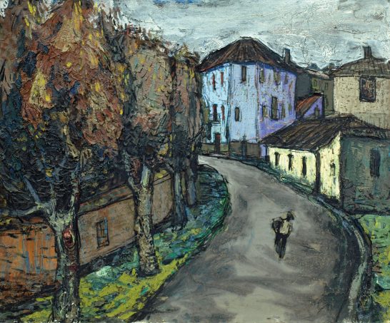 Paisaje urbano con un camino curvo y un hombre caminando, rodeado de edificios y árboles.