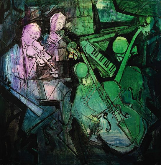 Cuatro músicos interpretando una melodía, con instrumentos como violín, piano y contrabajo.
