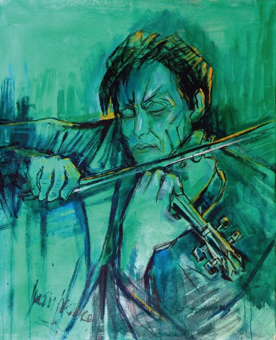 Retrato de un violinista con expresión intensa, en tonos verdes y azules.