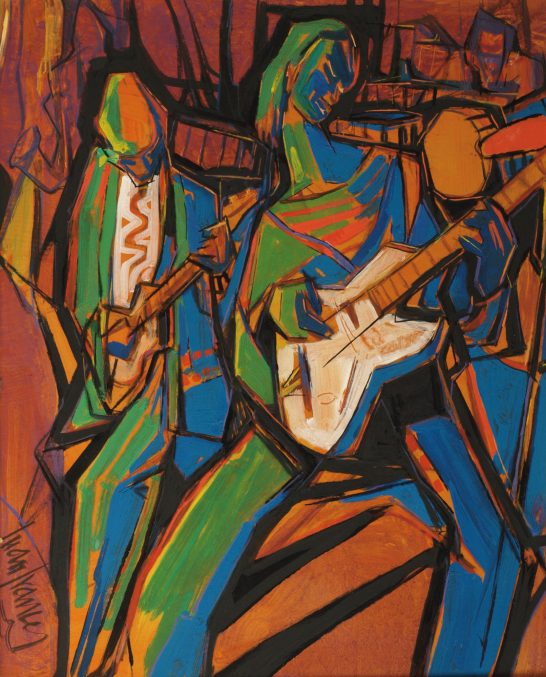 Dos músicos que tocan guitarras, en un estilo abstracto y colorido.