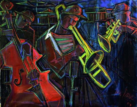 Músicos de jazz tocando trompeta y contrabajo, con colores vibrantes y estilo abstracto.