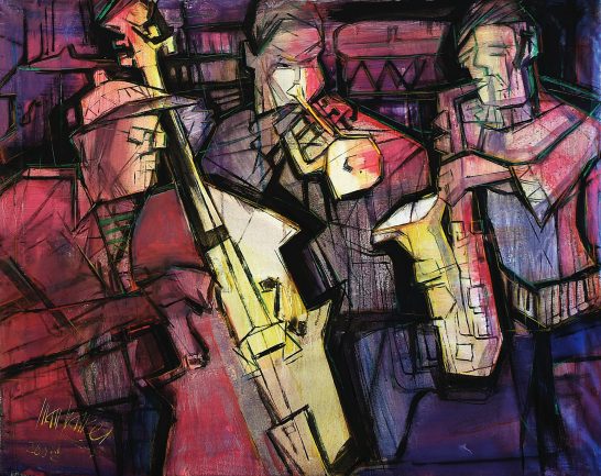 Tres músicos de jazz con instrumentos, retratados en un estilo abstracto y colorido.