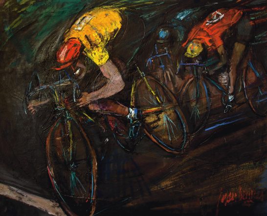 Ciclistas compitiendo en una carrera, con vestimenta amarilla y roja.