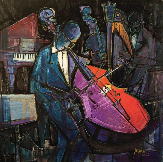 Un grupo de músicos tocando jazz, con un contrabajo destacado en primer plano.