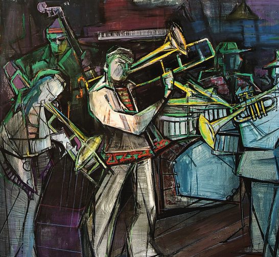 Musicos tocando instrumentos en una interpretación vibrante y colorida de jazz.