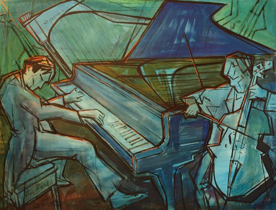 Dos músicos tocando un piano y un violonchelo en un estilo abstracto.