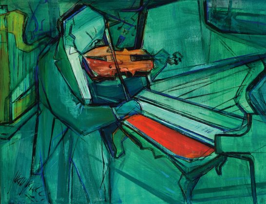 Músico tocando un violín entre tonos verdes y rojos, estilo abstracto.