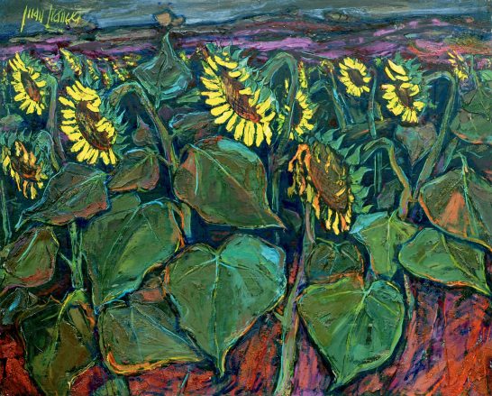 Campo de girasoles con hojas verdes y fondo colorido. Estilo vibrante y expresionista.