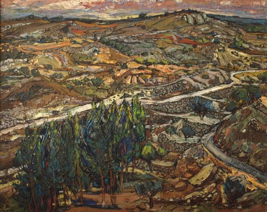 Paisaje con campos y colinas al atardecer, con caminos y vegetación en primer plano.