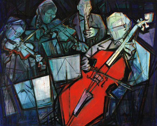 Cuatro músicos tocan instrumentos en un entorno oscuro y colorido.