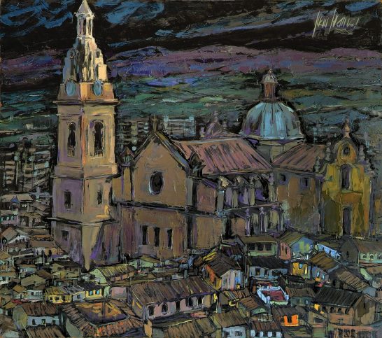 Vista nocturna de una ciudad con iglesias, resaltando sus cúpulas y arquitectura.