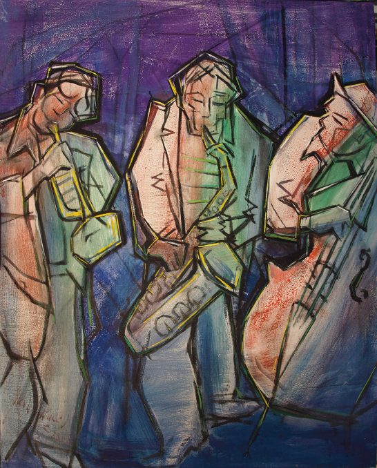 Tres músicos abstractos tocan instrumentos en un fondo de colores vibrantes.