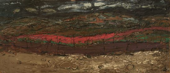 Paisaje abstracto con tonos oscuros, líneas rojas y verdes sobre fondo marrón.