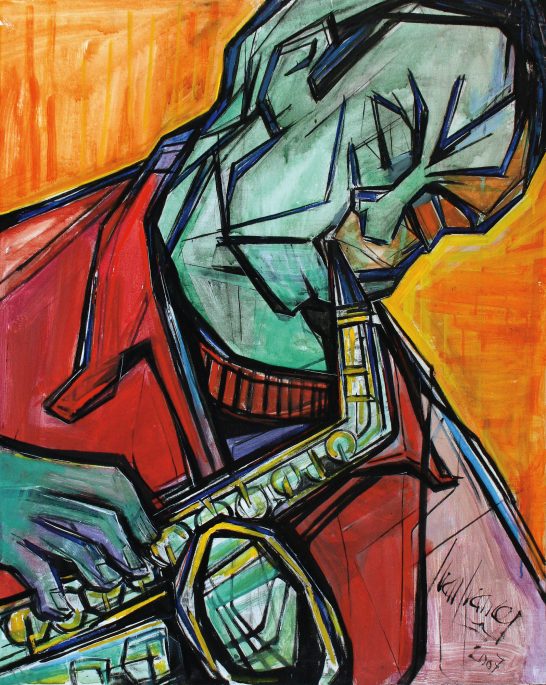 Hombre tocando el saxofón, estilo abstracto con colores vibrantes.