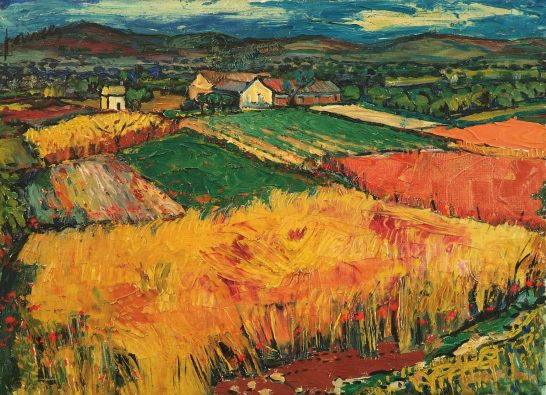 Campos de colores vibrantes con casas en un paisaje rural bajo un cielo nublado.