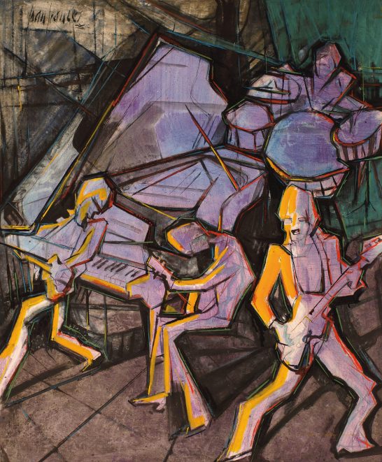 Cuatro músicos interpretando con instrumentos en un estilo abstracto y colorido.