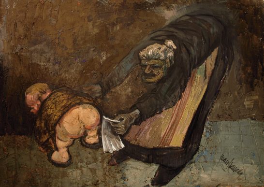 Una figura anciana sostiene a un niño que lleva un abrigo, con un fondo oscuro.