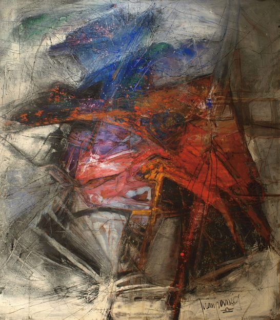 Obra abstracta con tonos rojos, azules y grises, con formas dinámicas y texturas marcadas.
