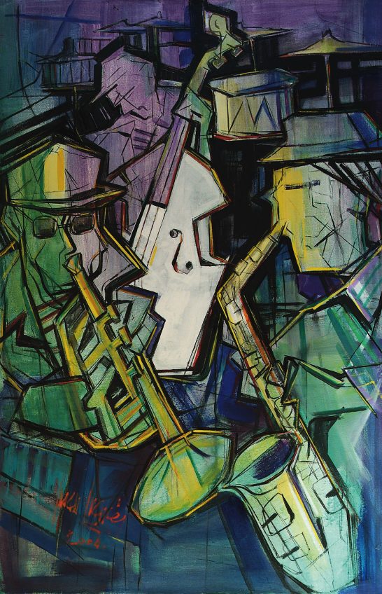 Dos músicos tocando instrumentos de viento en un fondo abstracto y colorido.