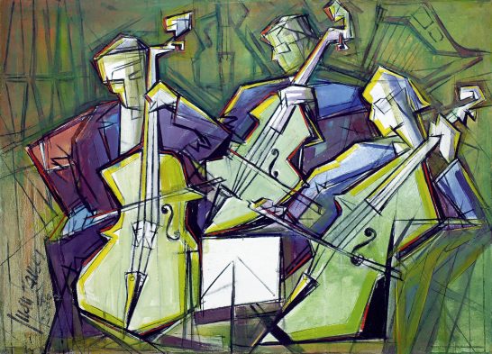 Tres músicos abstractos tocando instrumentos de cuerda en un fondo colorido.