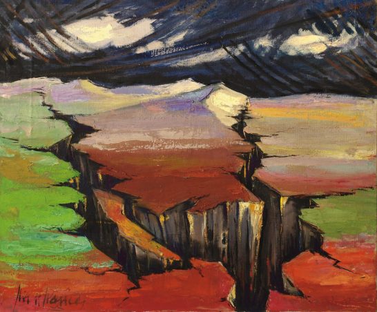 Paisaje abstracto con tonos vibrantes y una grieta profunda en el centro.