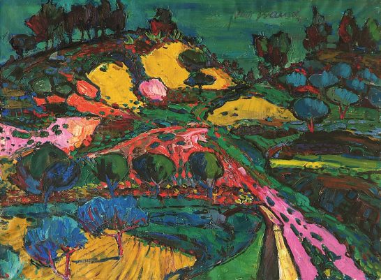 Paisaje colorido con colinas, un puente y árboles en tonos vibrantes de verde y amarillo.