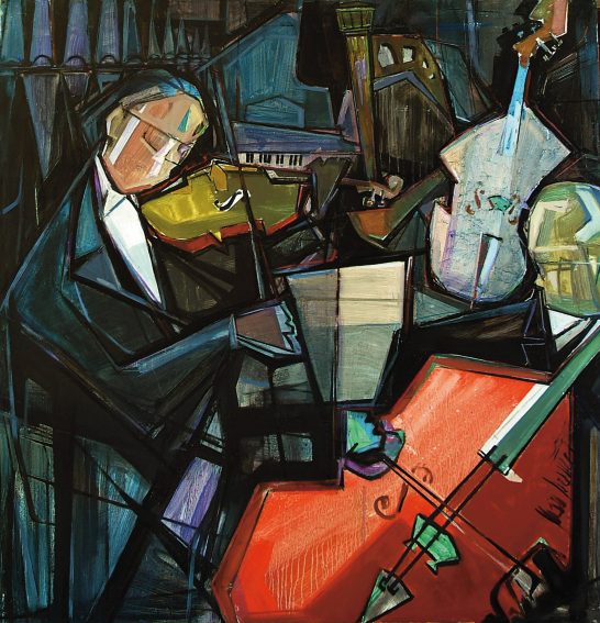 Músicos interpretando en un concierto, con instrumentos en un estilo abstracto.