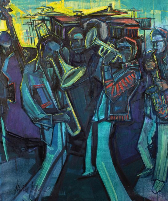 Músicos de jazz tocando instrumentos en un ambiente colorido y expresivo.