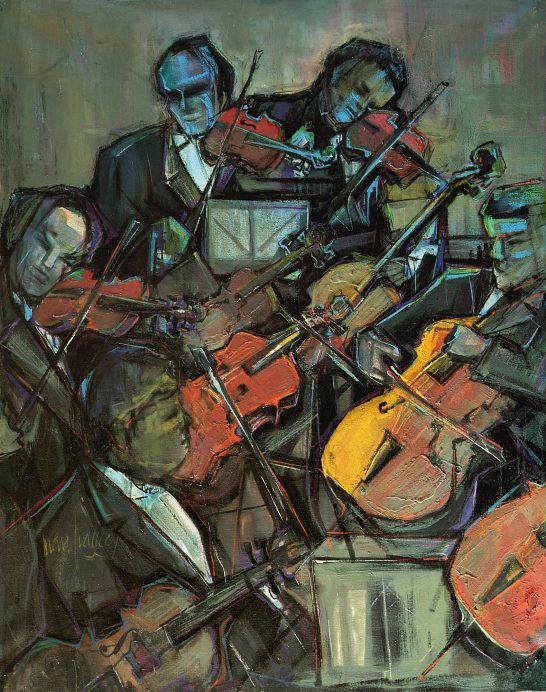 Grupo de músicos tocando instrumentos de cuerda en un ambiente oscuro y expresionista.