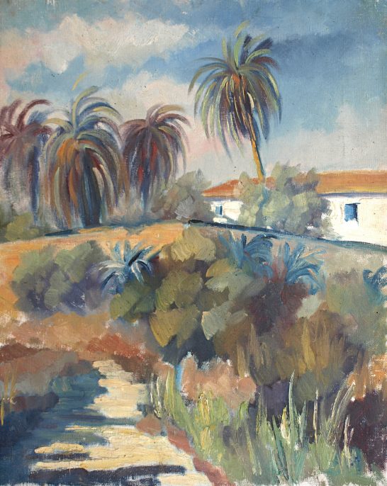 Paisaje con palmeras, casas blancas y vegetación en un entorno natural y soleado.