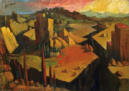 Paisaje abstracto con formas geométricas y tonos cálidos que evocan una atmósfera surrealista.