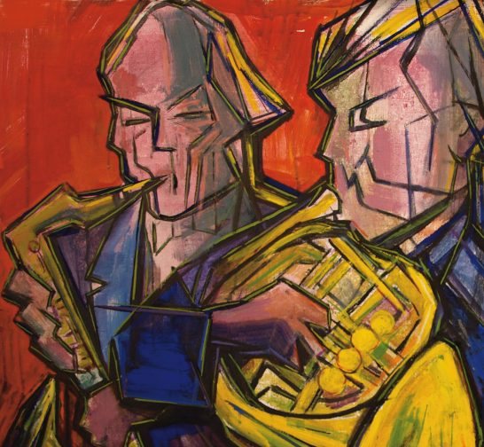 Dos figuras abstractas tocando instrumentos musicales sobre un fondo rojo vibrante.