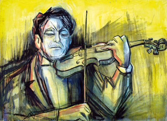 Hombre tocando el violín, con fondo amarillo y trazos expresionistas en colores vivos.