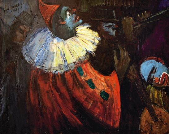 Pintura de payasos con rostros pintados y vestimenta colorida en un fondo oscuro.