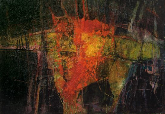 Texto abstracto en tonos oscuros con manchas de rojo y amarillo que sugieren movimiento.