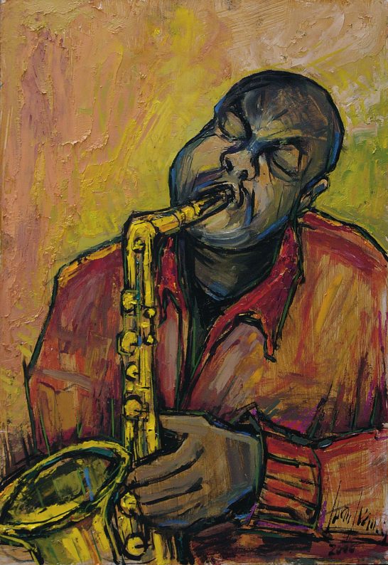 Músico tocando el saxofón, con expresión intensa y colores vibrantes de fondo.